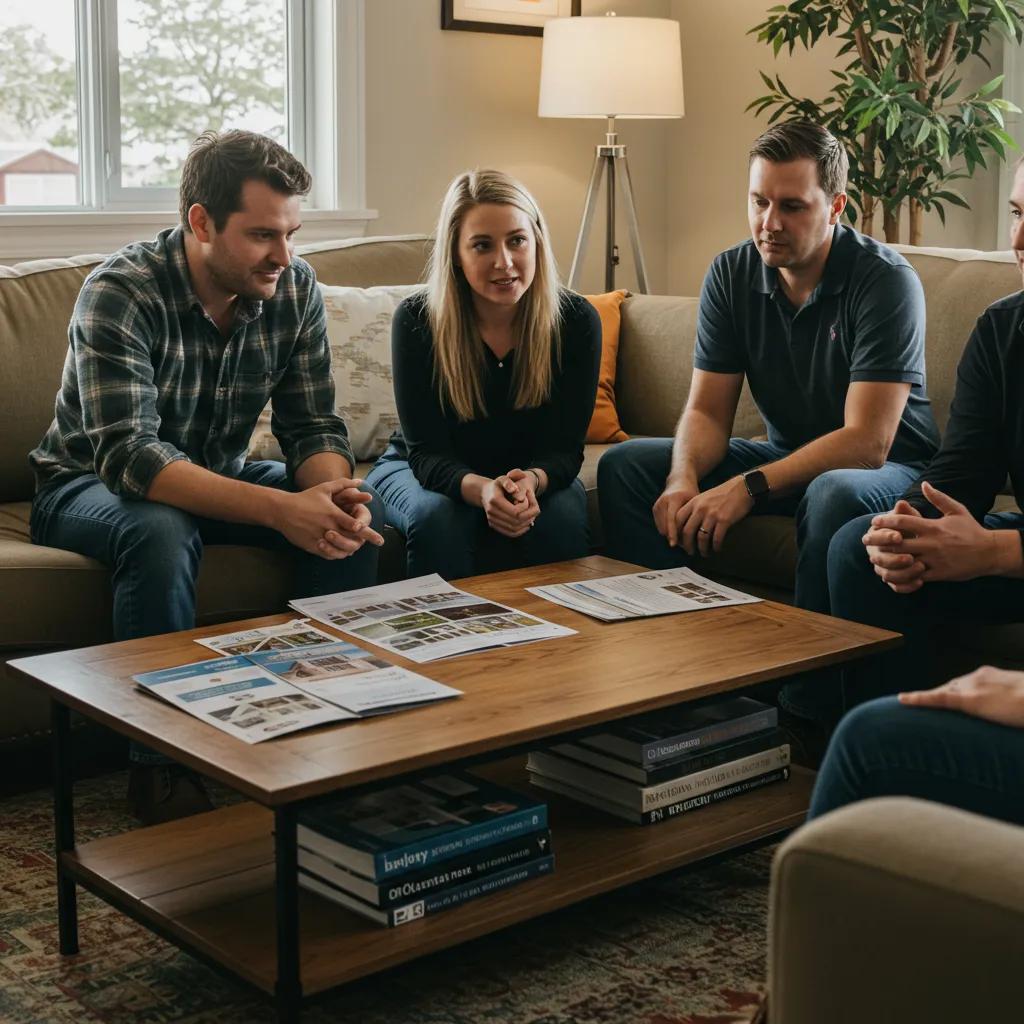 Diverse group of beginner real estate investors discussing strategies in a cozy living room