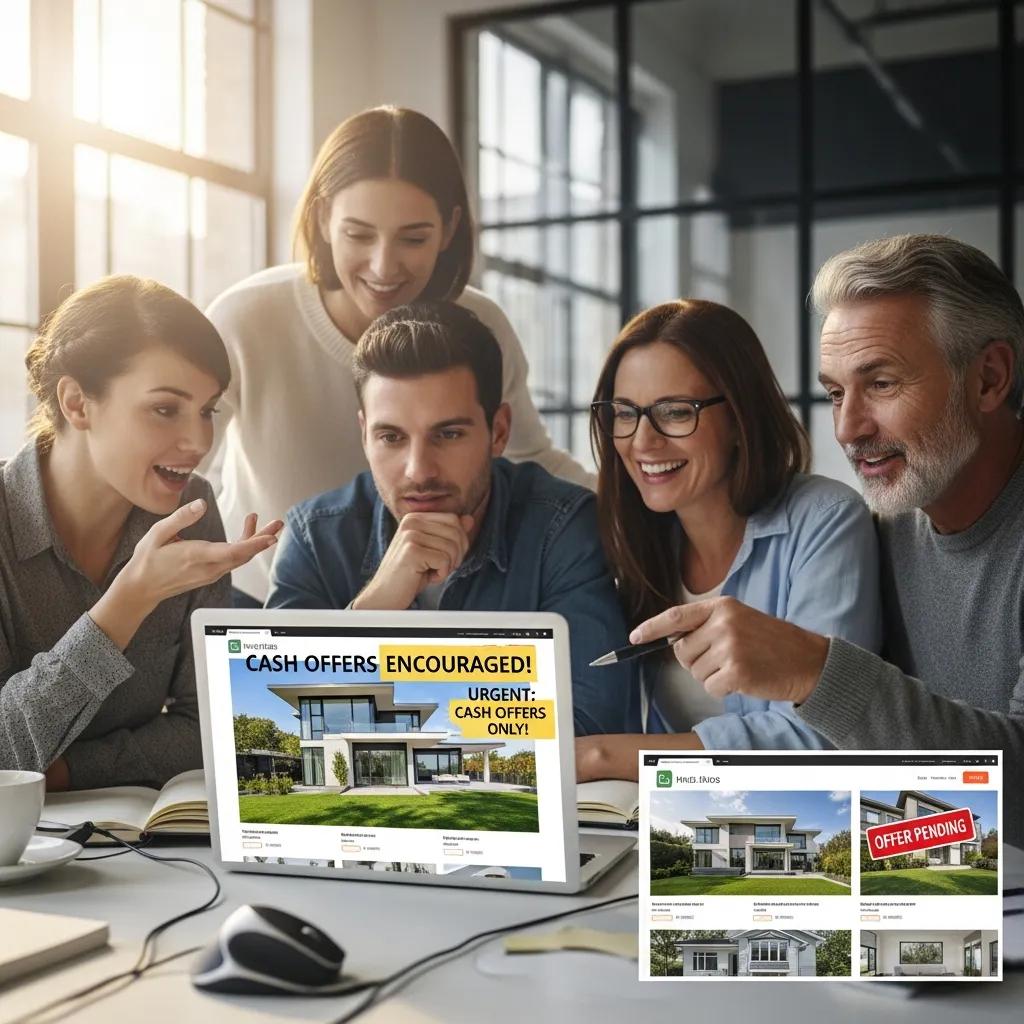 Group of buyers reviewing property listings on a laptop in a bright workspace