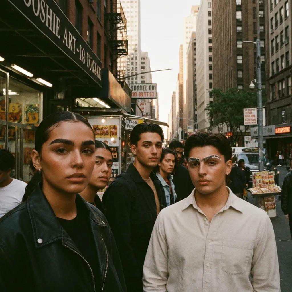Diverse group of people in NYC showcasing trendy eyebrow styles for 2025, emphasizing urban fashion and grooming