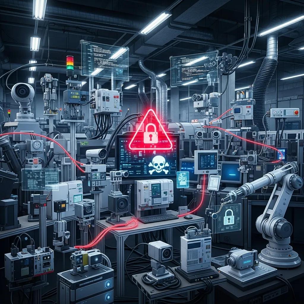 Industrial Internet of Things (IIoT) sensors and edge devices deployed throughout smart manufacturing facility with red security warning indicating cybersecurity vulnerabilities and expanded attack surface in operational technology networks