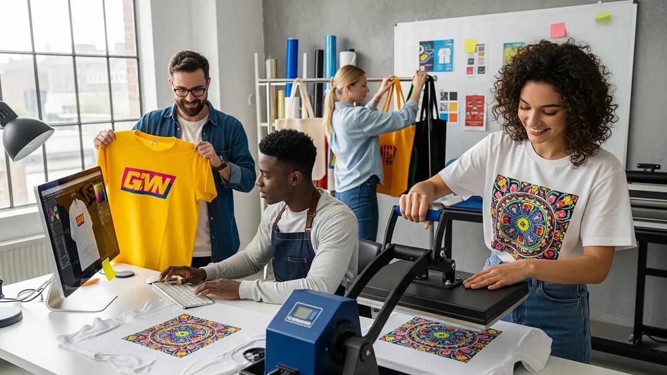 Diverse team collaborating on custom material printing designs and production in a creative studio.