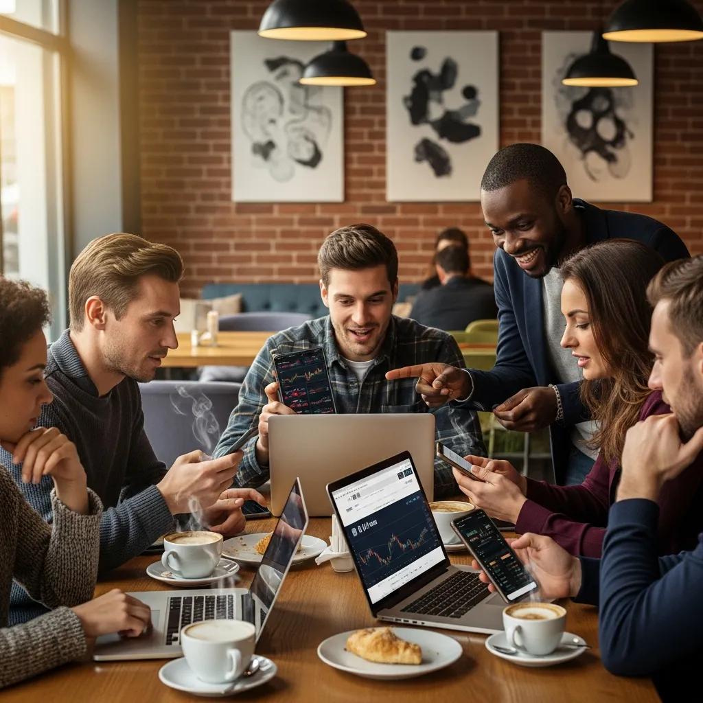 People discussing cryptocurrency in a caf&eacute;