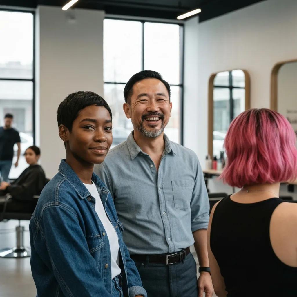 People showing soft lash lifts, textured fluffy brows and subtle color accents in a modern salon setting