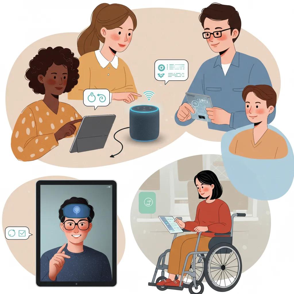 Diverse individuals utilizing voice AI technology, showcasing accessibility features and inclusive user experiences Diverse individuals utilizing voice AI technology, showcasing accessibility features and inclusive user experiences