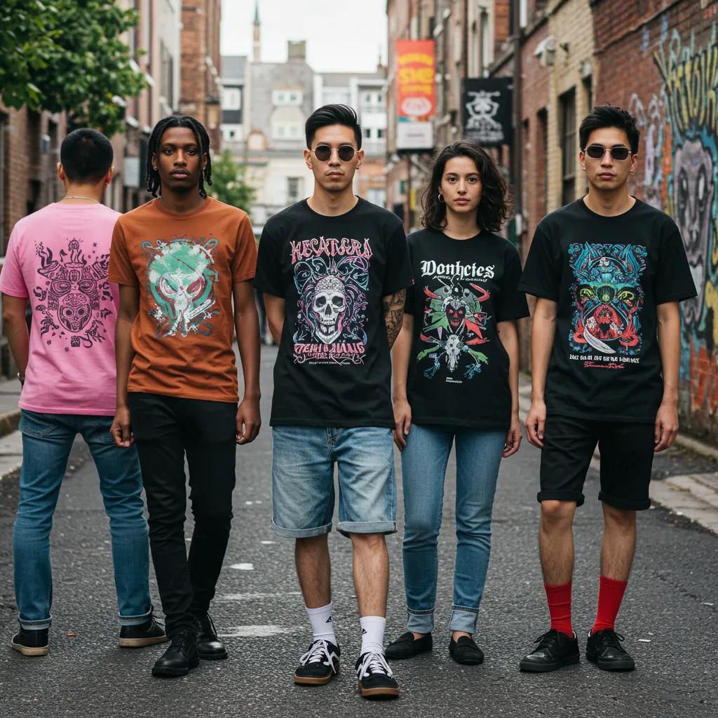 Diverse individuals in an urban setting, confidently expressing themselves through unique graphic tees and artistic clothing
