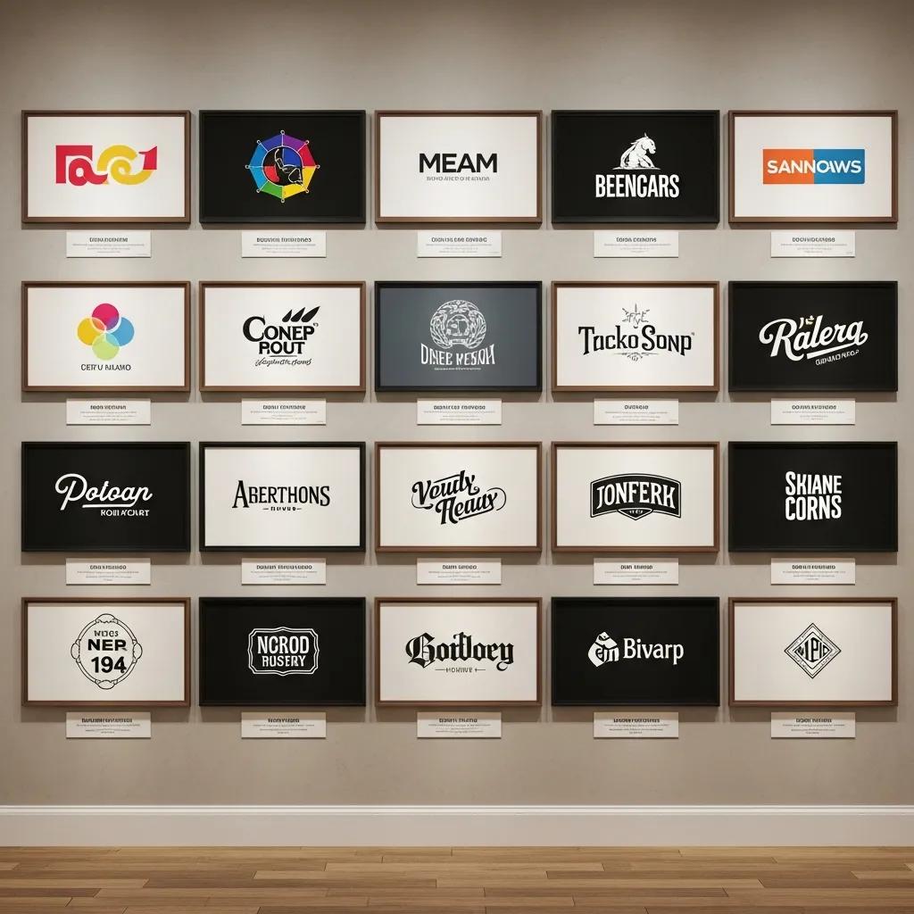 Diverse logos displayed on a wall emphasizing creativity and brand recognition