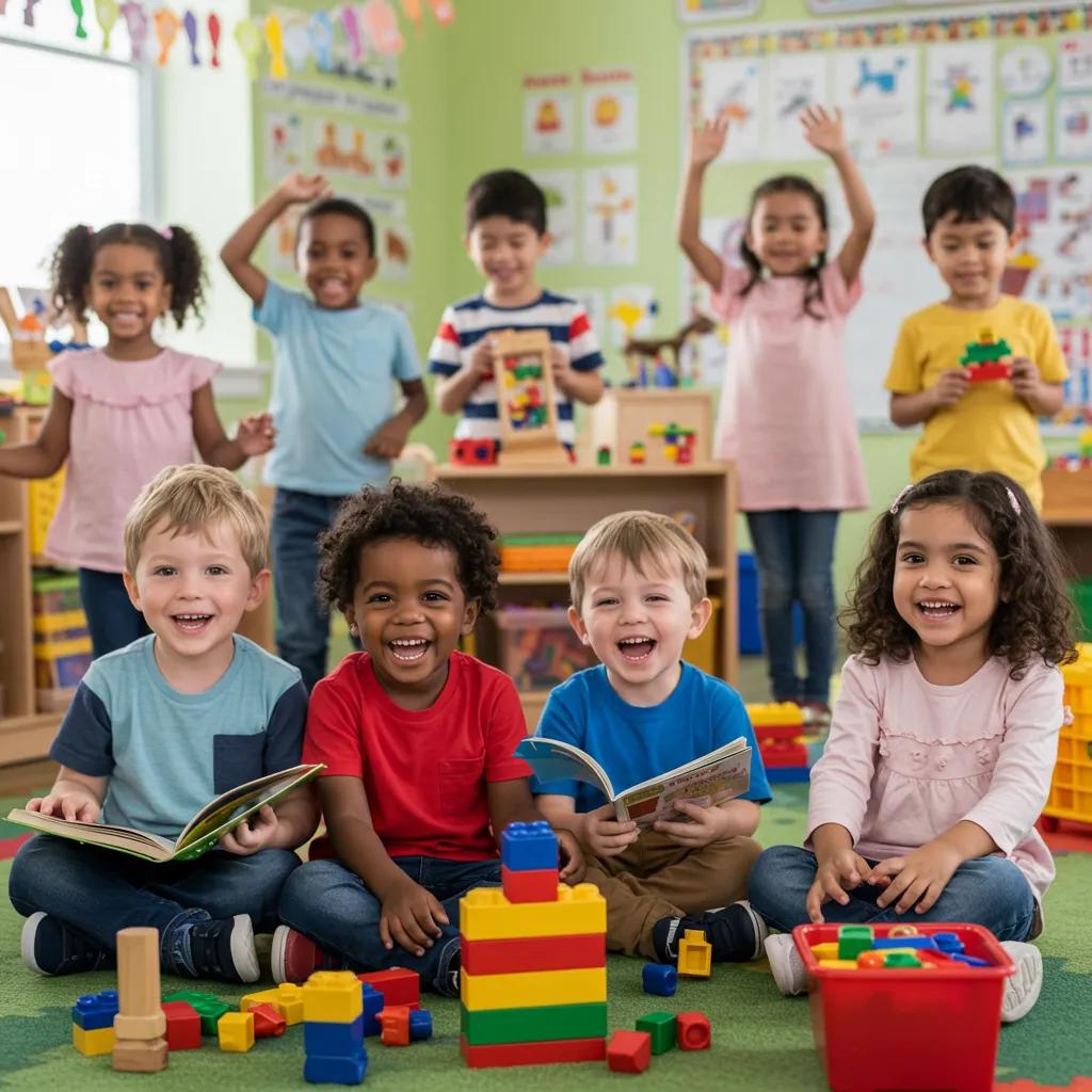 Diverse preschool children engaged in play-based learning activities in a colorful classroom