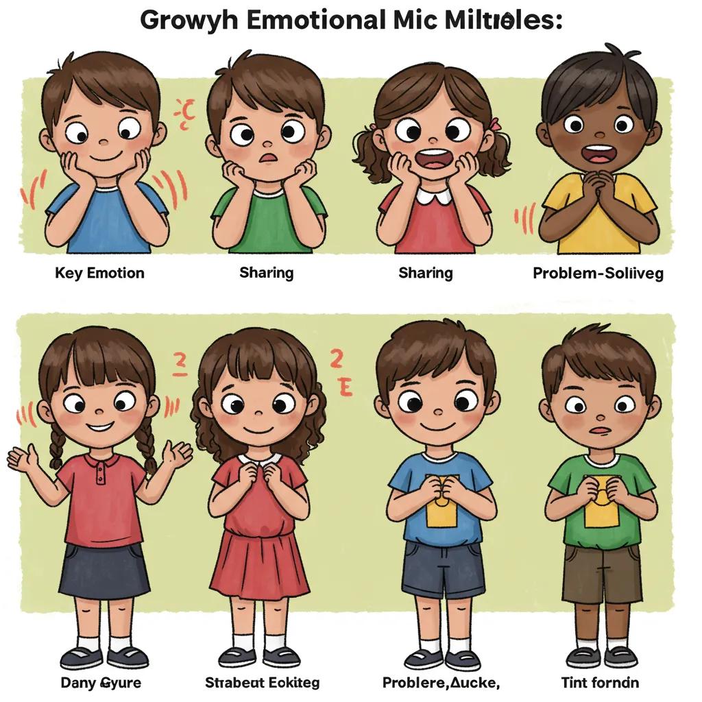 Diverse preschoolers demonstrating key emotional milestones in a classroom setting