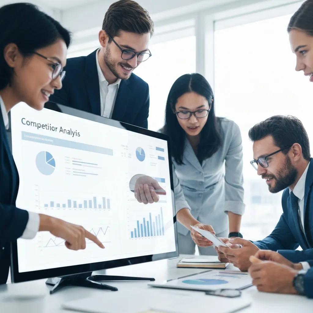 Diverse professionals collaborating on competitor analysis in a modern office setting