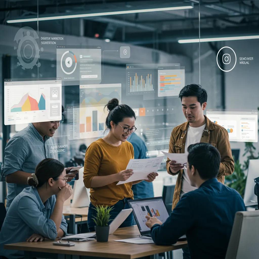 Diverse professionals collaborating on lead generation strategies in a modern office Diverse professionals collaborating on lead generation strategies in a modern office