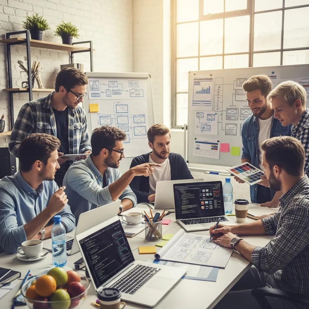 Diverse team collaborating on a web development project in a modern office