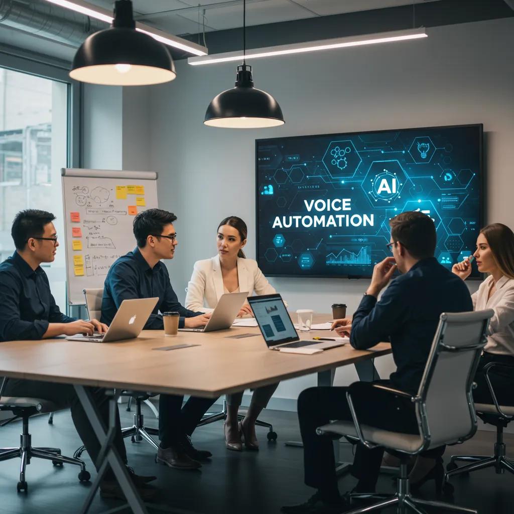Diverse professionals discussing AI voice automation in a modern office setting