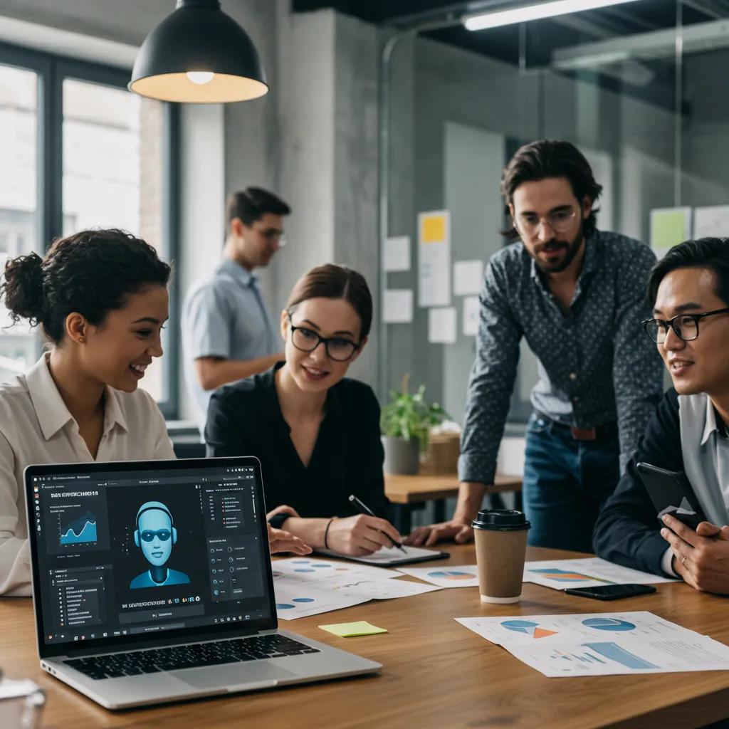 Diverse professionals discussing voice AI technology in a modern office setting