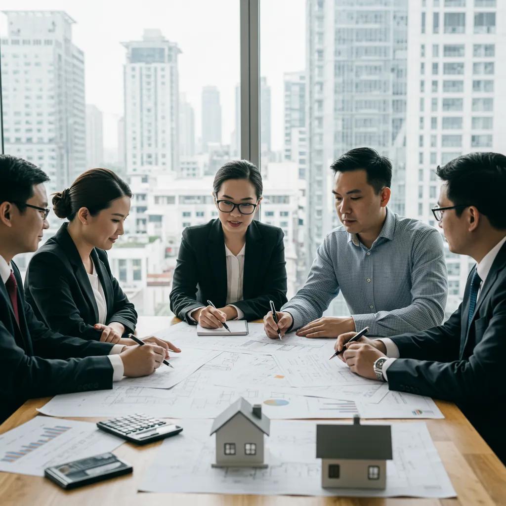 Diverse real estate investment team collaborating in a modern office setting