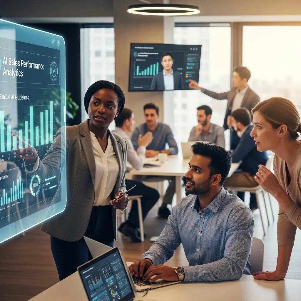 Diverse sales team collaborating with AI tools in a modern office setting