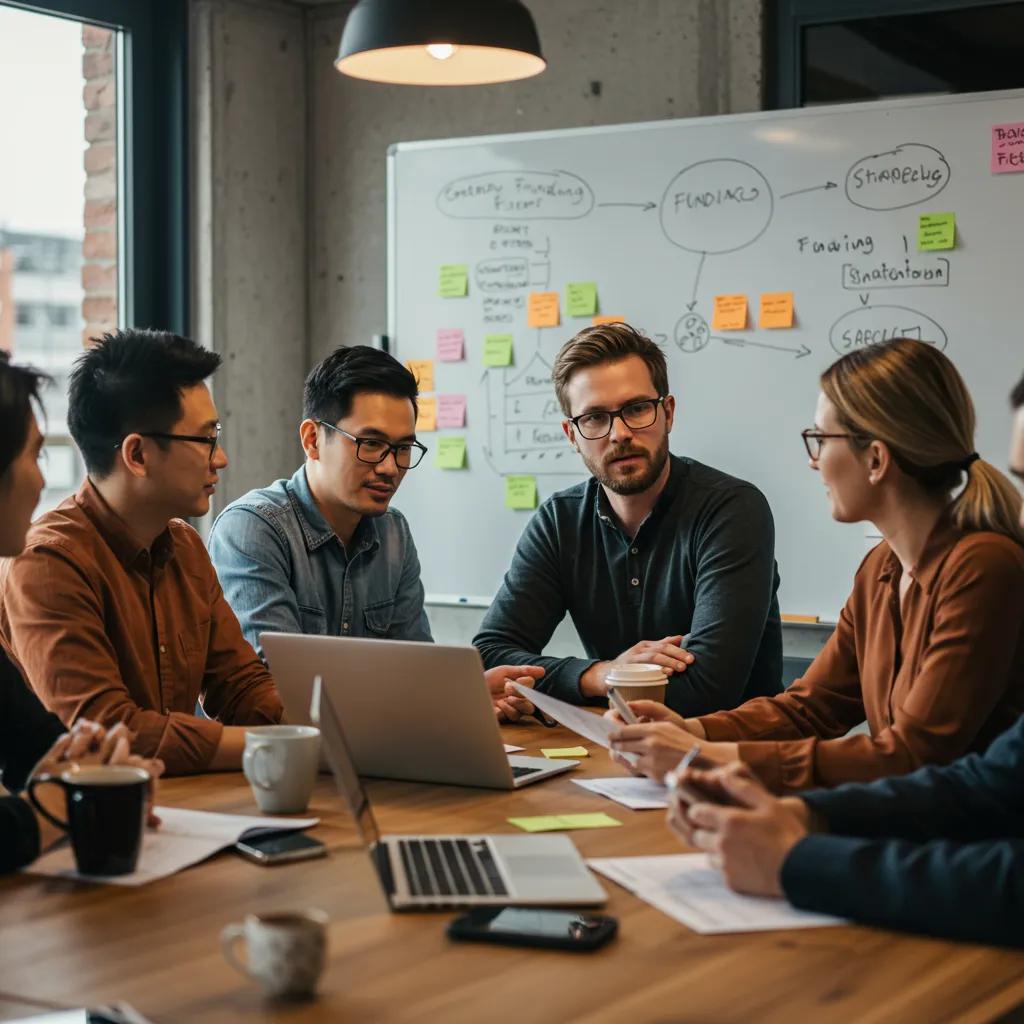 Diverse startup founders collaborating on funding strategies in a modern office