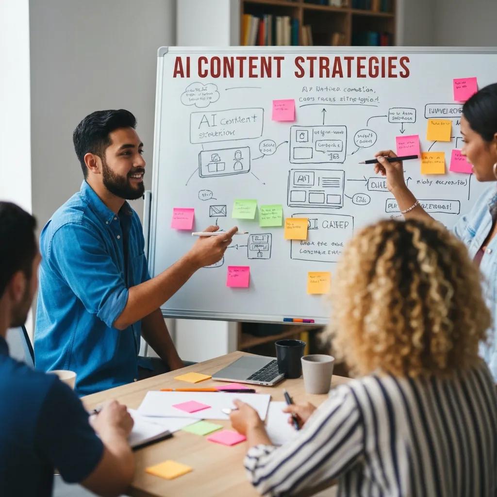 Cross-functional team brainstorming AI-optimized content strategies to increase conversions