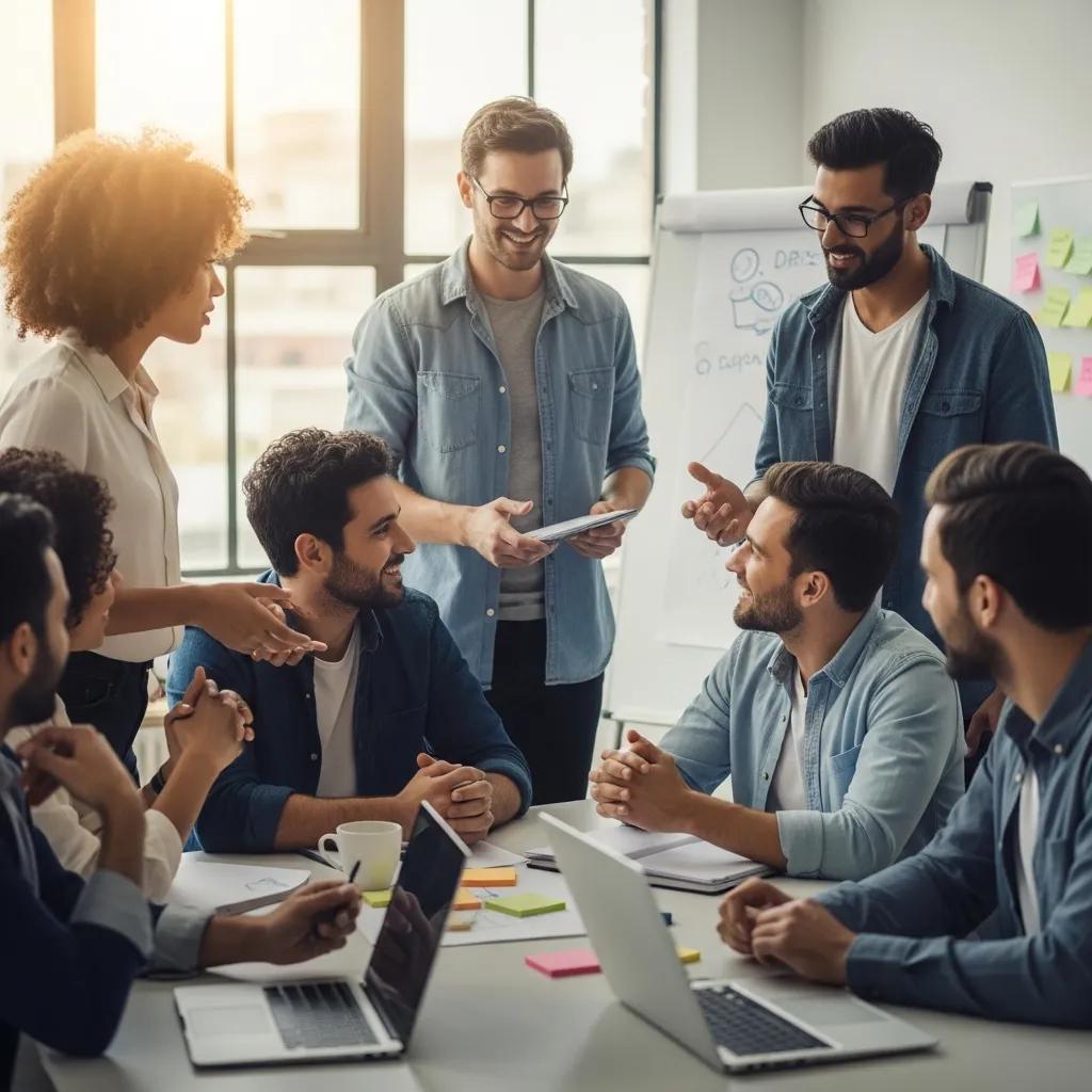 Diverse team collaborating on authentic brand values in a modern office