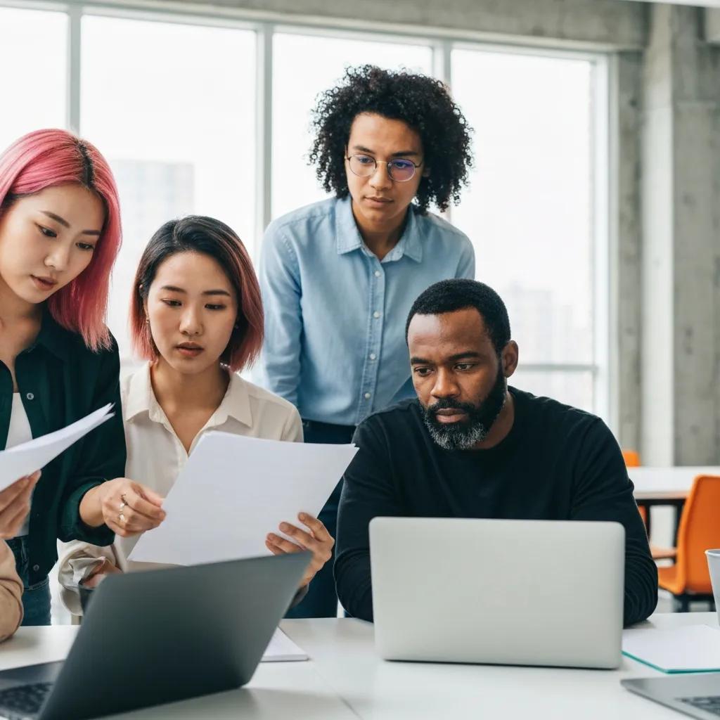 Cross-functional team reviewing ethical AI practices in a meeting Cross-functional team reviewing ethical AI practices in a meeting