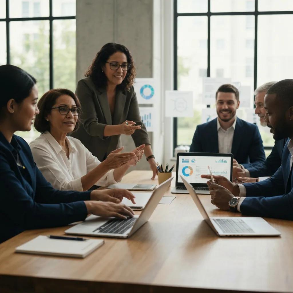 Diverse product team reviewing Responsible AI guidelines for voice bots Diverse product team reviewing Responsible AI guidelines for voice bots