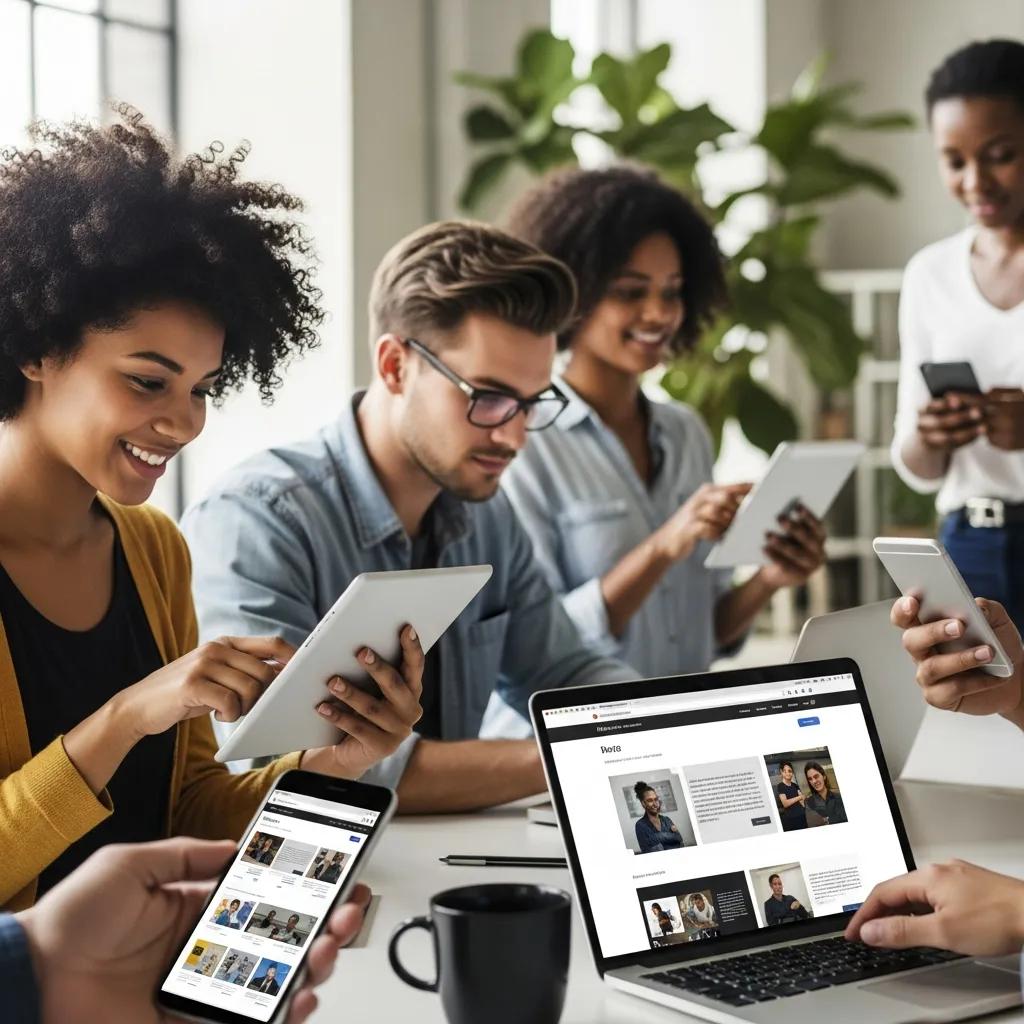 Diverse users engaging with a responsive website on multiple devices