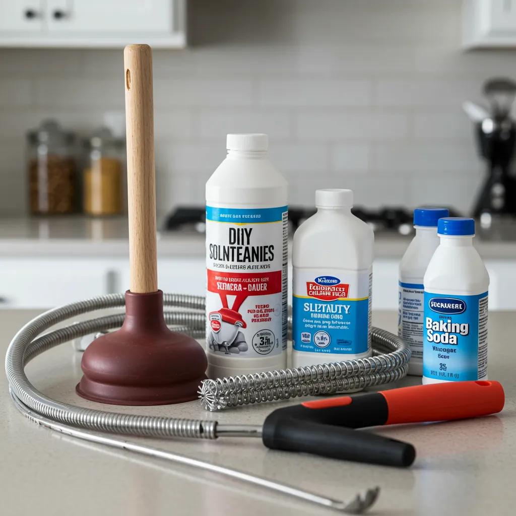 DIY drain cleaning tools including a plunger, hand snake, and baking soda, illustrating effective home maintenance methods