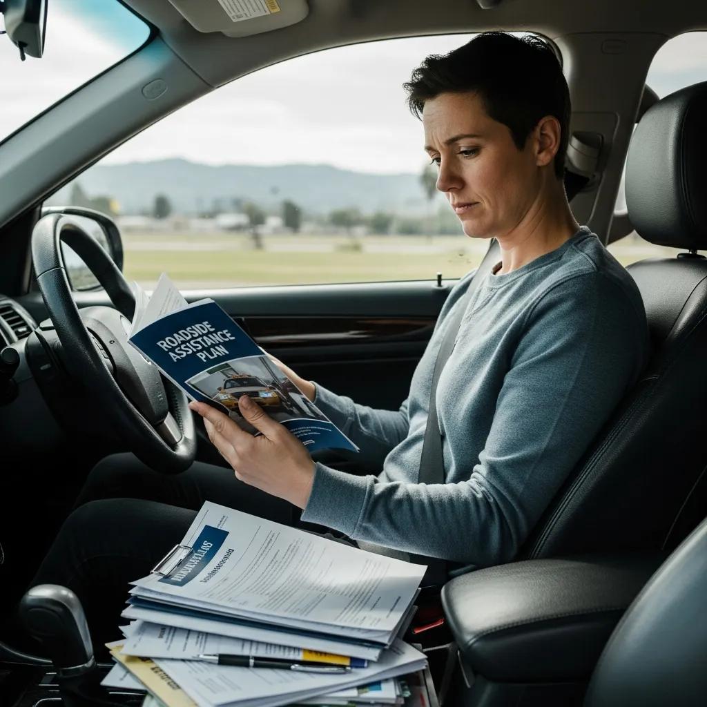 Driver reviewing roadside assistance plan documents in a car