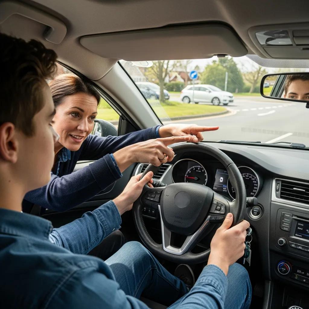 Driving instructor teaching a student driver in a car