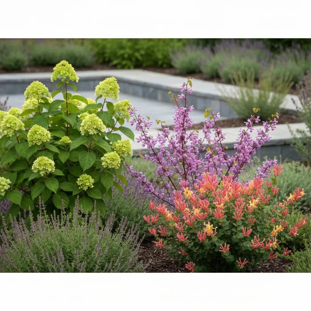 Drought‑tolerant Georgia natives like oakleaf hydrangea and eastern redbud placed near paving and walls