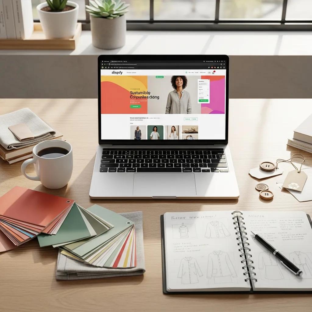 E-commerce workspace with a laptop showing a Shopify store, design elements, and product samples