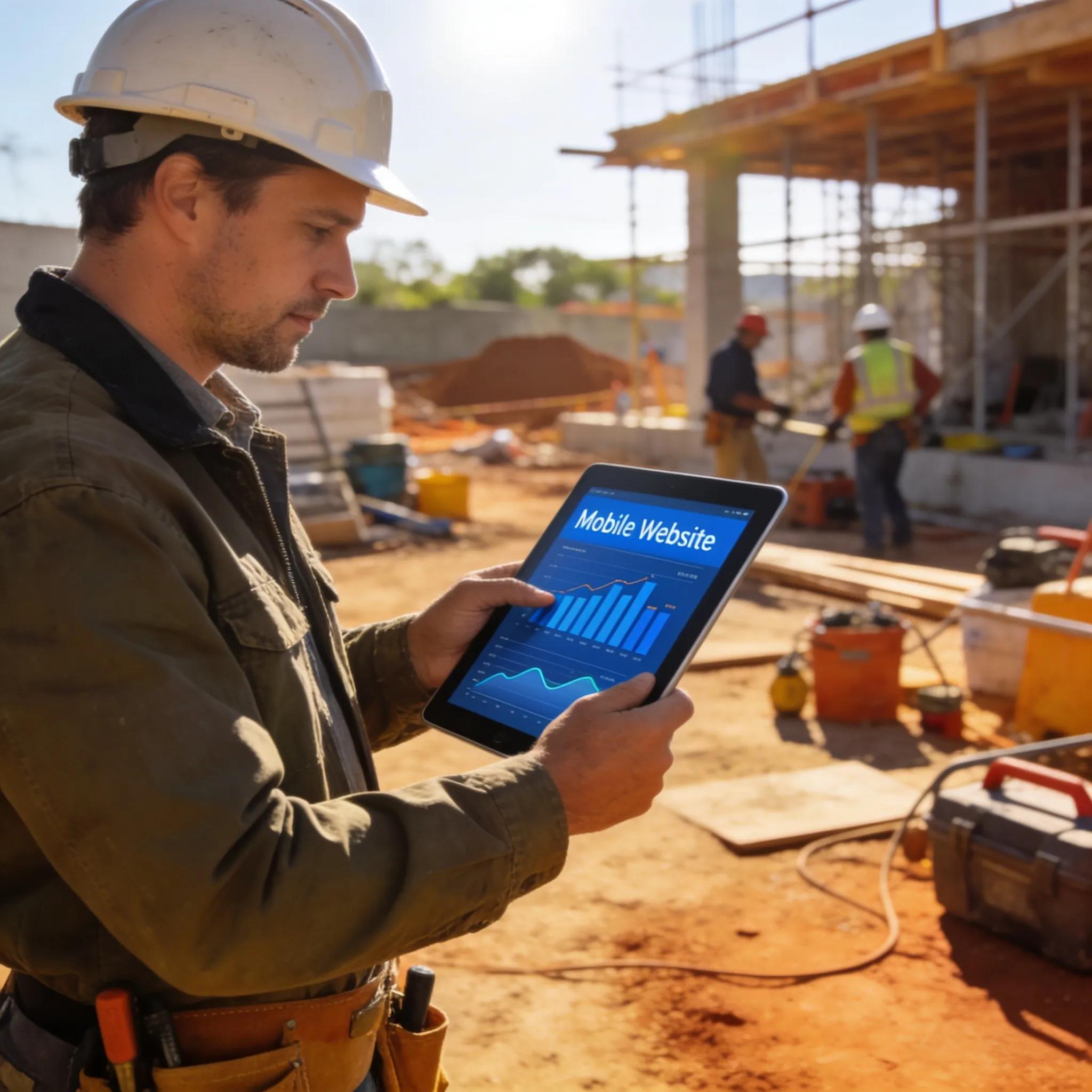 Contractor using a tablet to analyze mobile SEO performance at a construction site