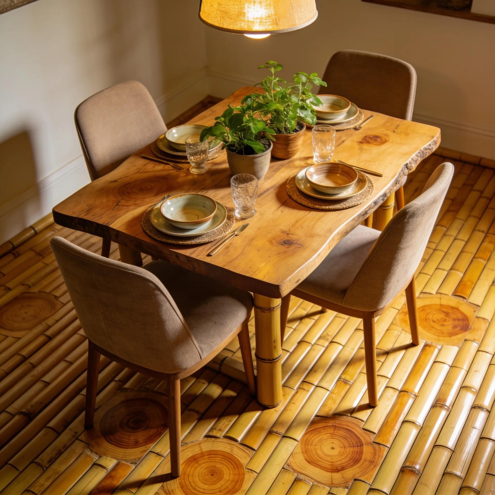 Dining area with bamboo flooring highlighting natural beauty and eco-friendly appeal
