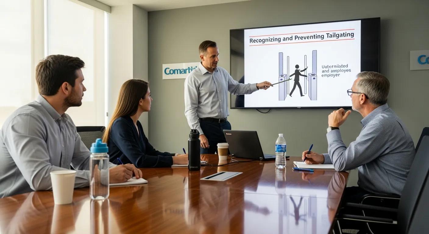 Staff participating in security awareness training to recognize and prevent tailgating