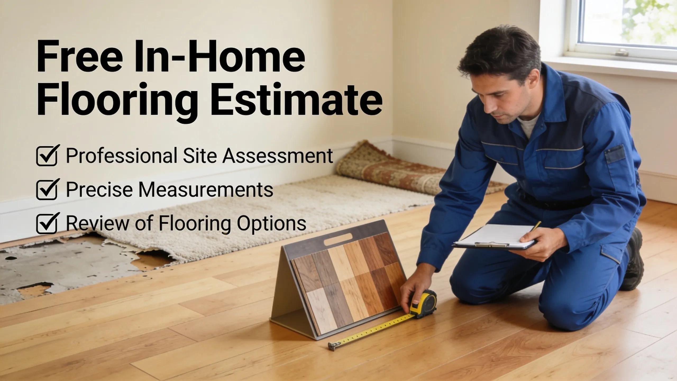Flooring professional conducting in-home assessment with samples and measuring tape for free estimate.
