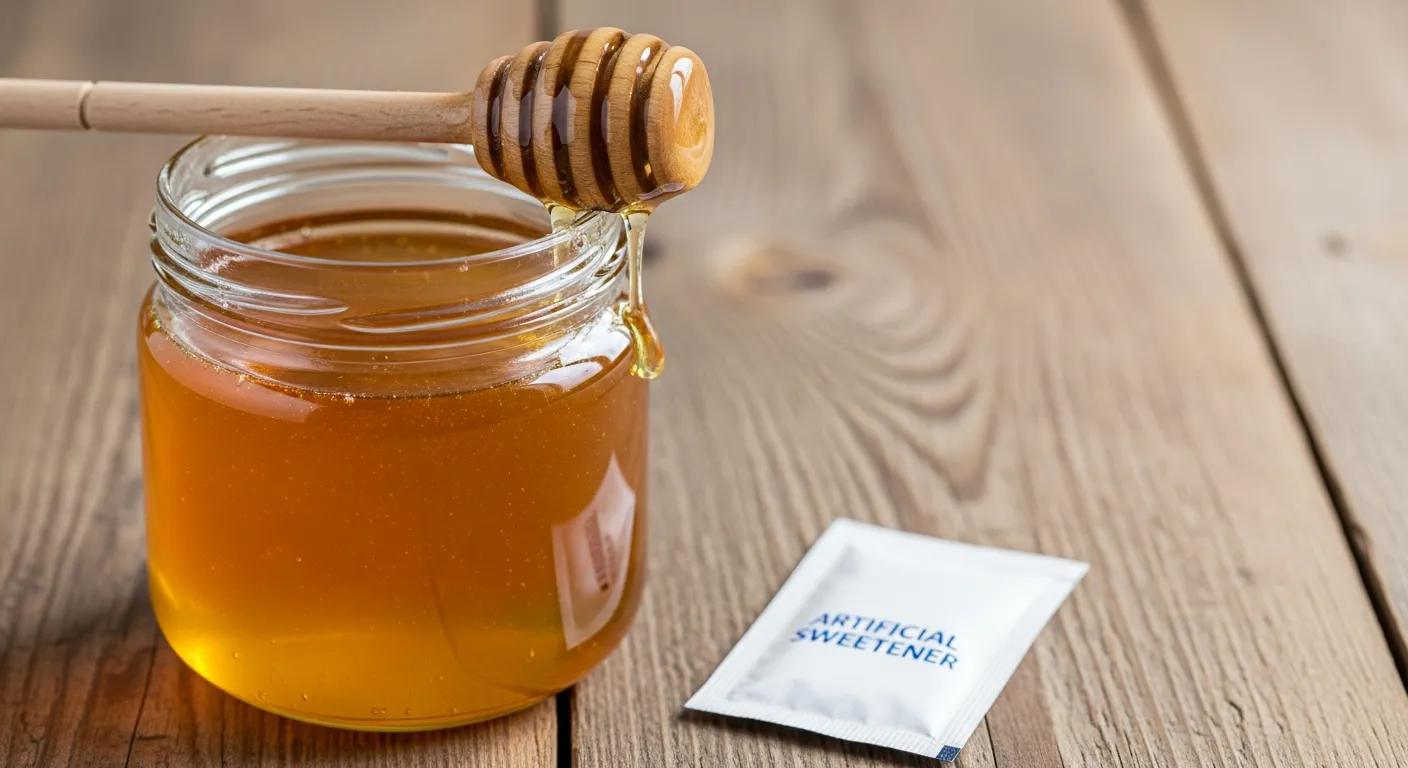 Organic honey jar with wooden dipper and artificial sweetener packet on rustic background