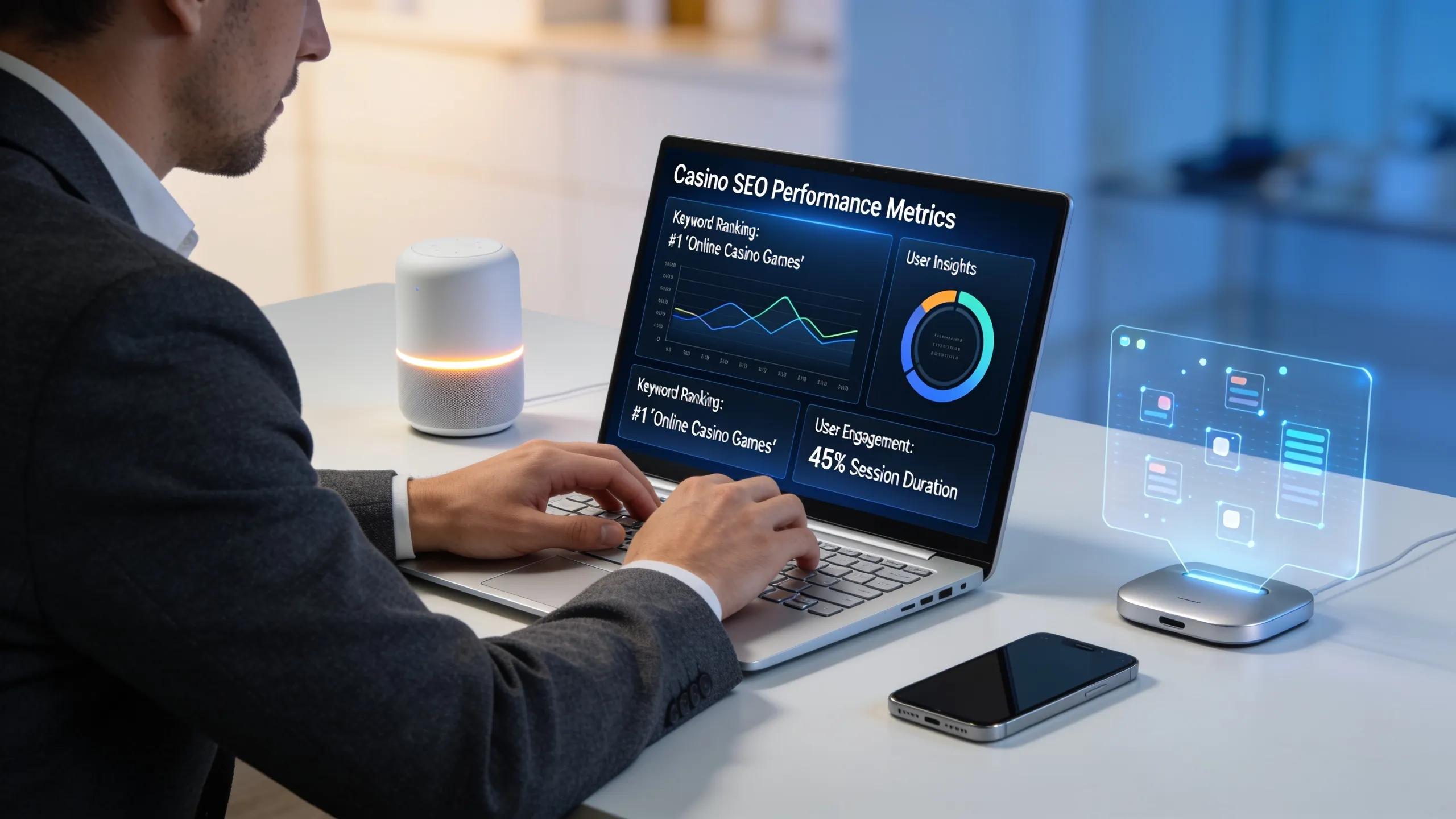 Digital marketer using AI technology to analyze SEO strategies in a casino marketing context, demonstrating innovation and technological advancement.