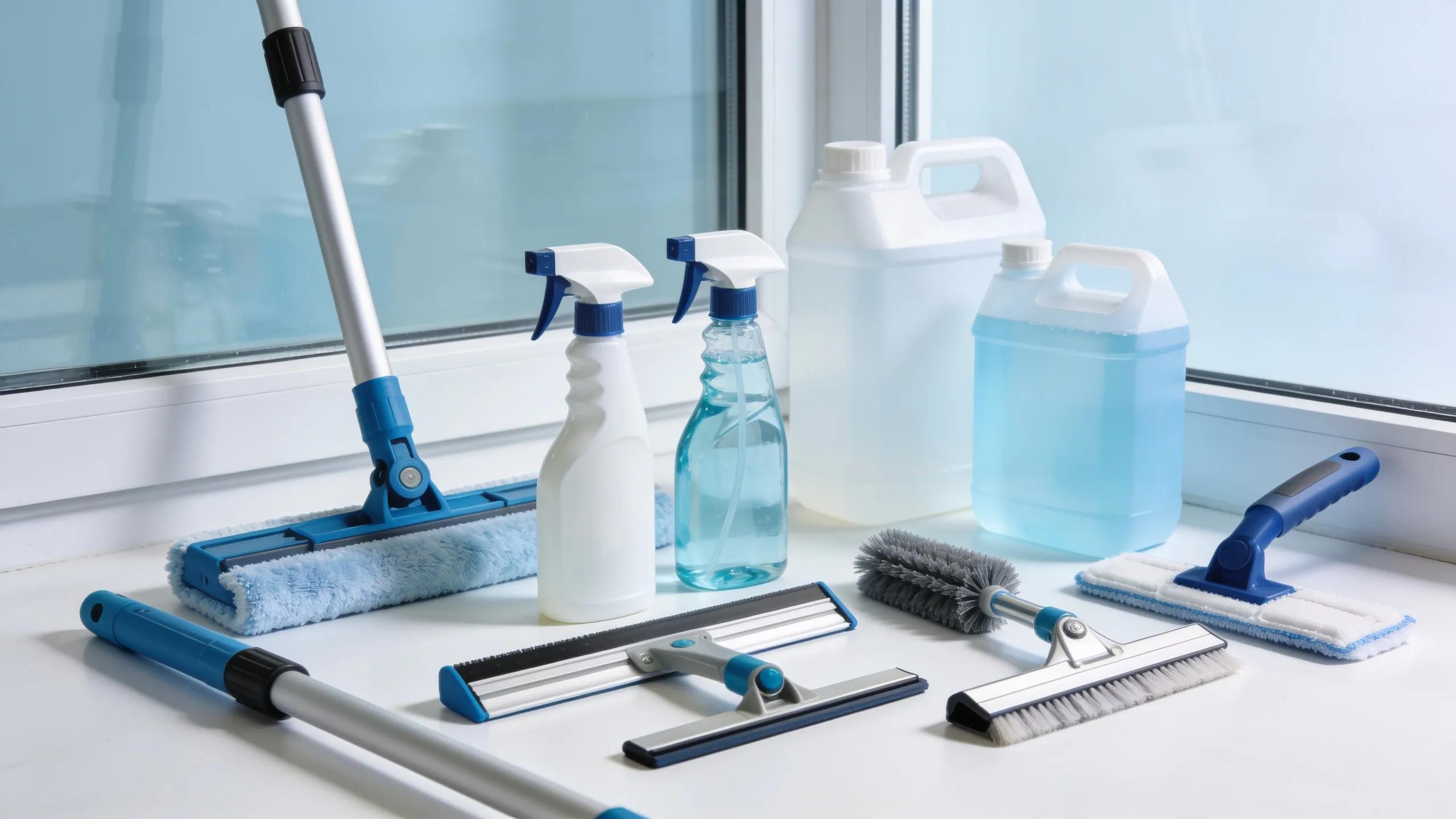 Collection of advanced window cleaning tools including water-fed poles and eco-friendly solutions
