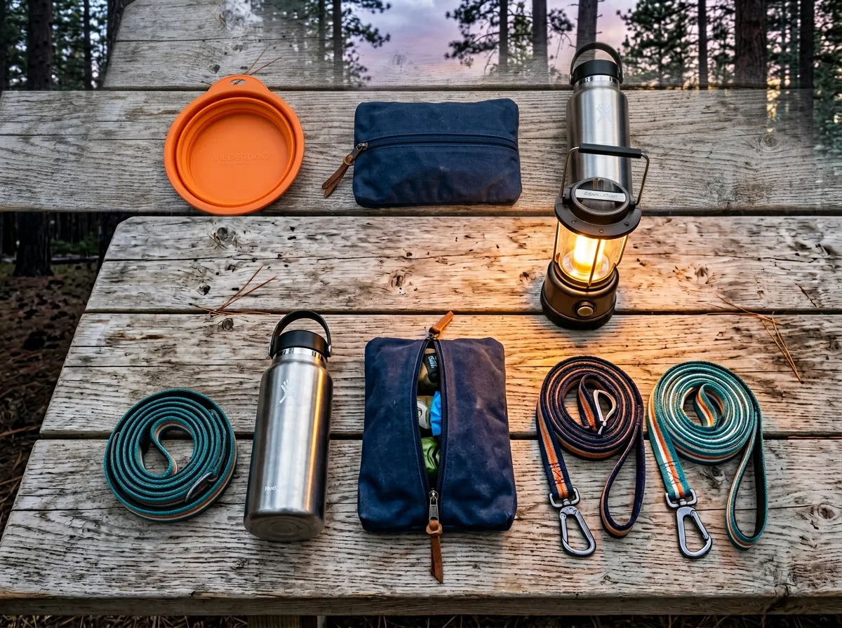 Collection of pet travel essentials including carriers and water bowls