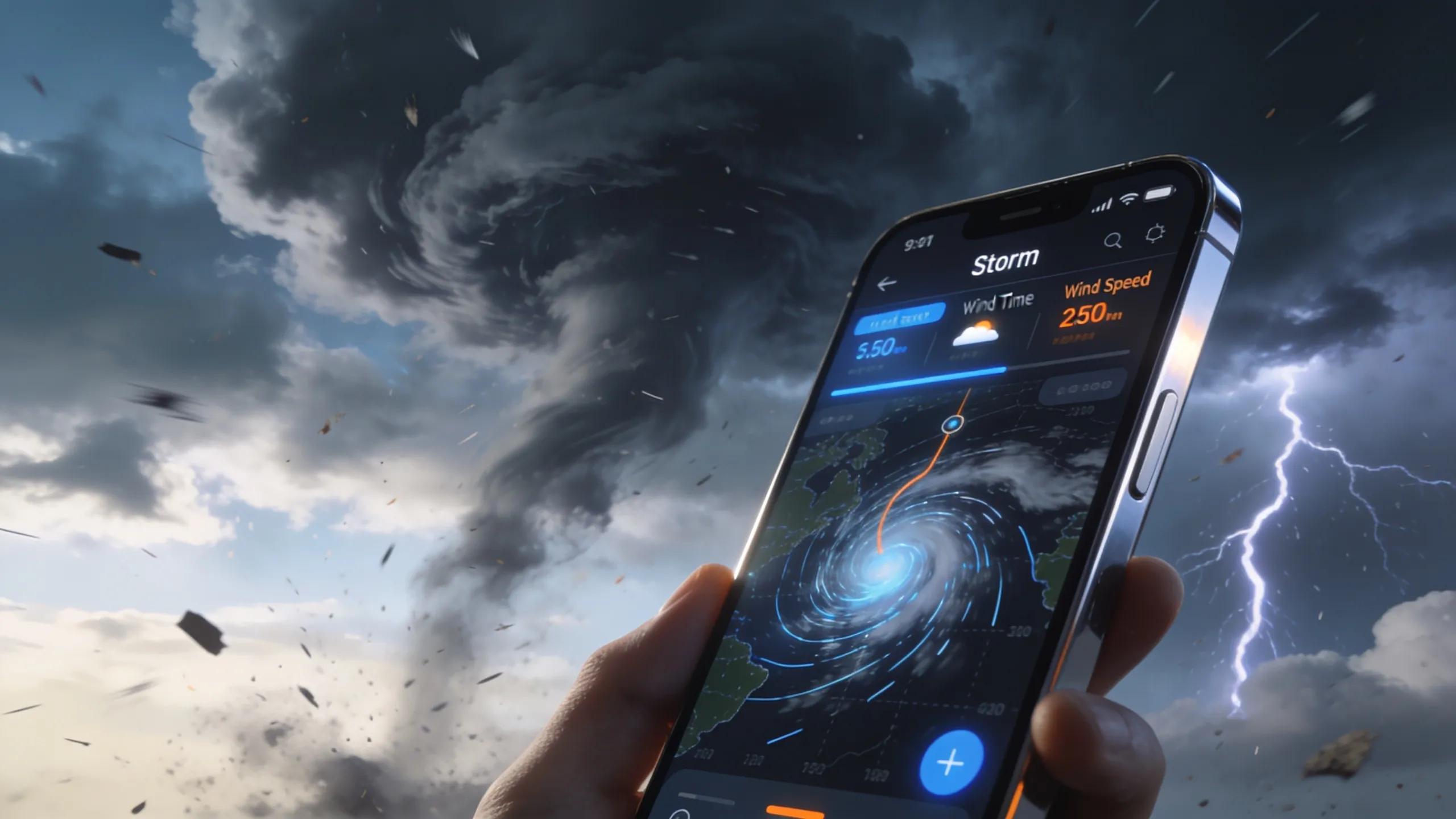 Smartphone displaying storm tracking app with dramatic storm clouds in the background