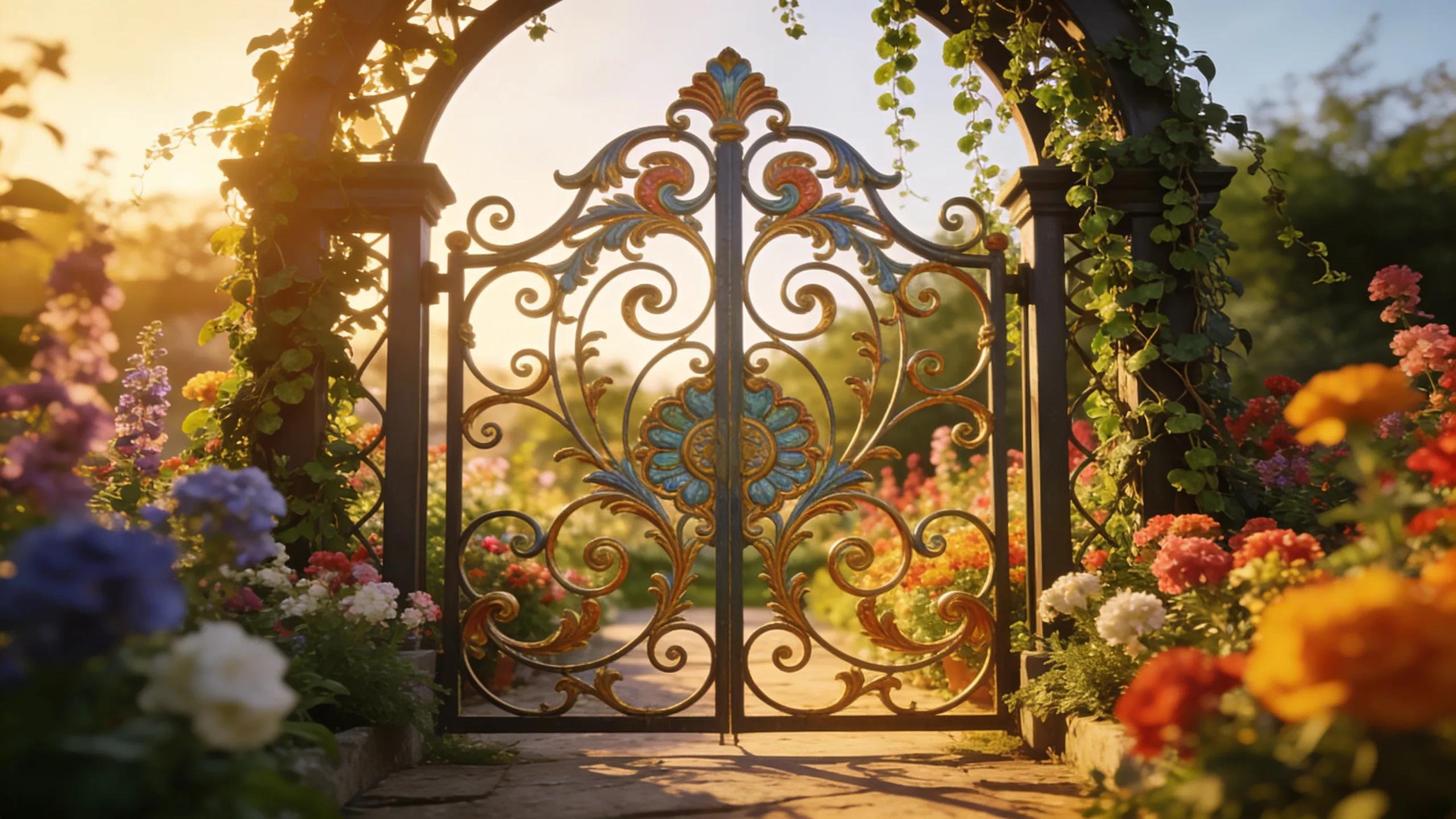 Ornate metal gate with decorative scrollwork and colorful accents, illustrating ornamental gate design.