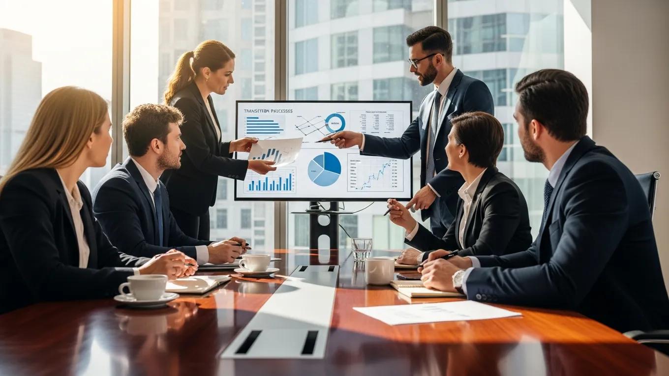 Team of financial professionals discussing transaction processes in a conference room