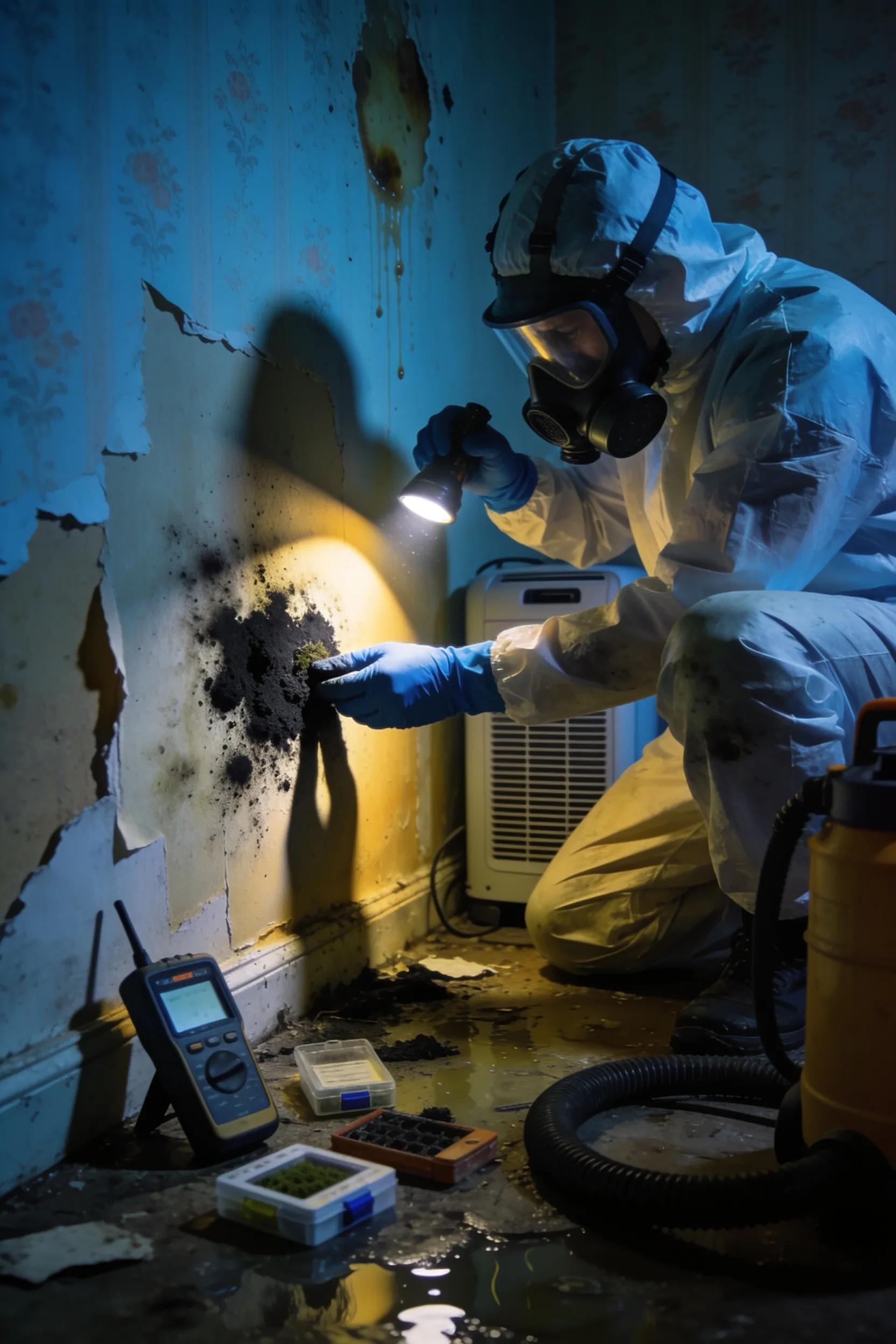 Technician inspecting mold growth in a residential setting after water damage