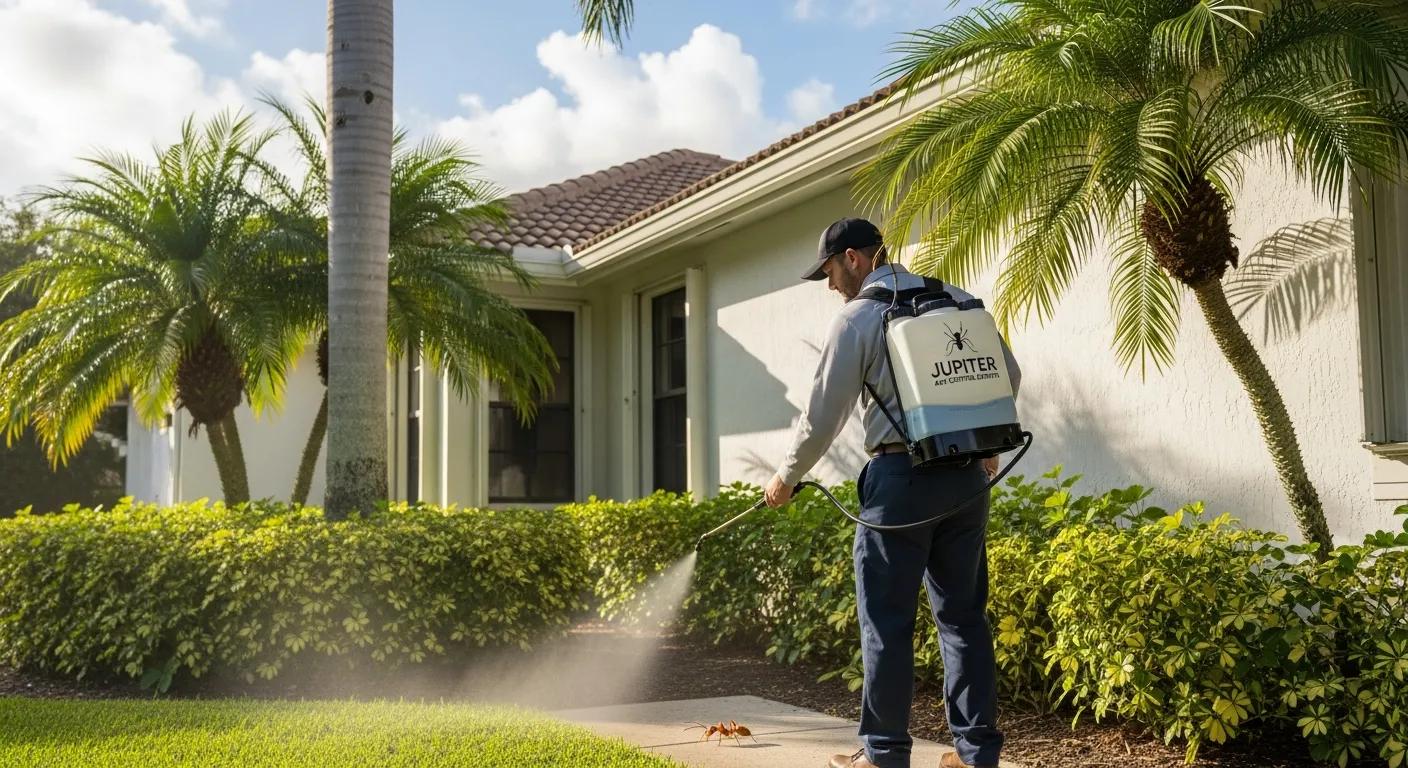 Professional pest control technician spraying treatment for ant control in a residential yard in Jupiter, Florida, surrounded by lush greenery and palm trees.