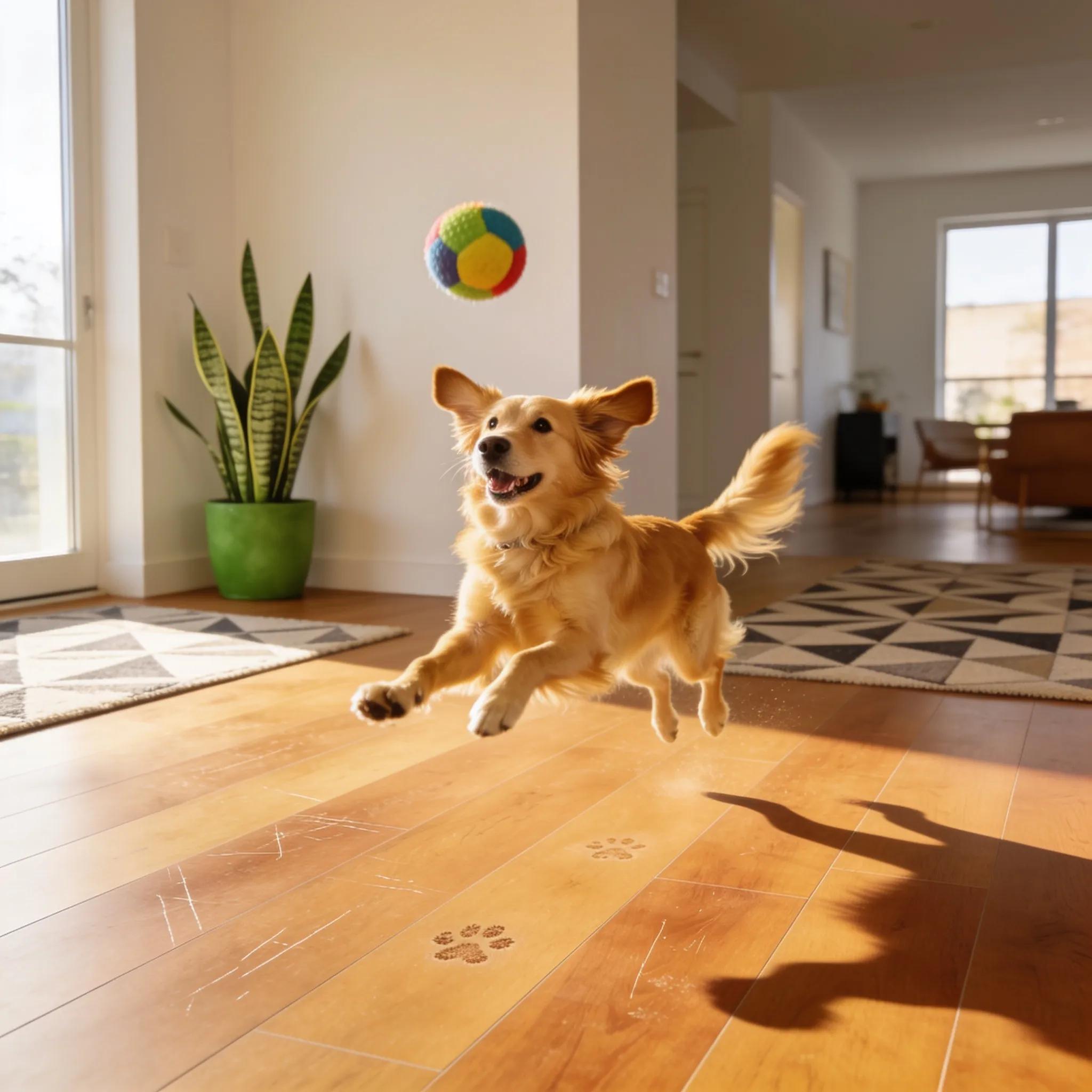 Dog playing on durable vinyl floor — an example of pet-friendly flooring