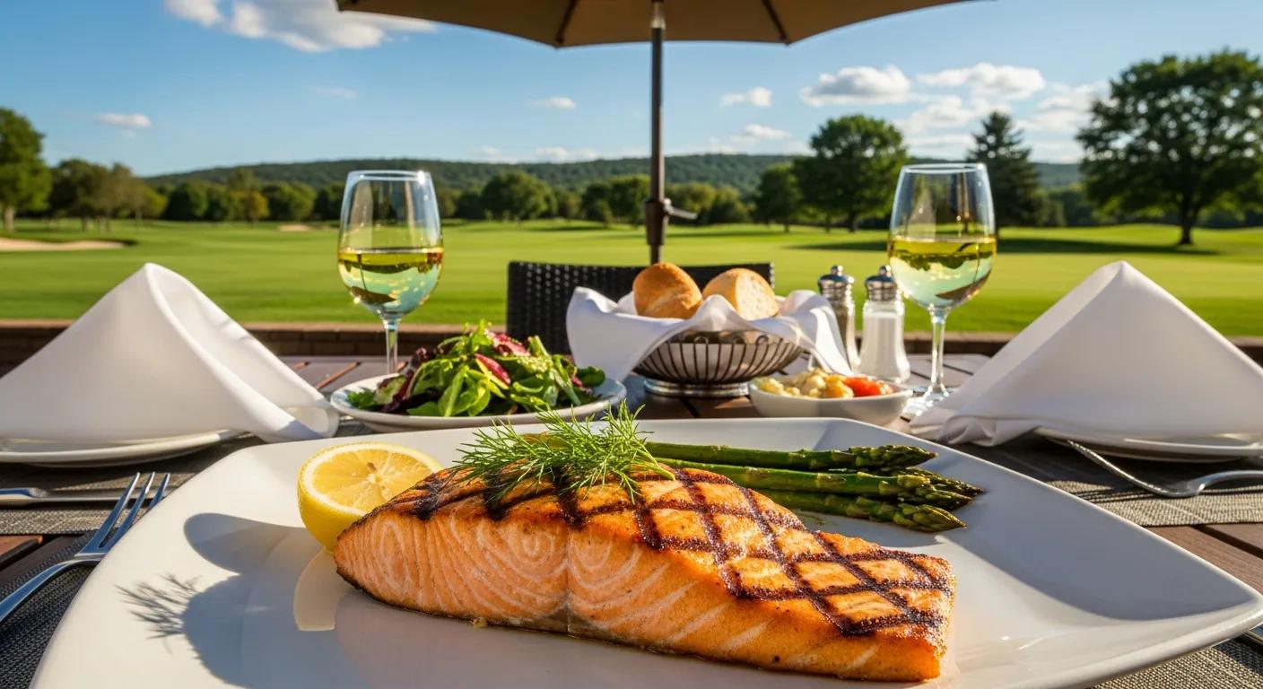 Patio dining at Otsego Resort — grilled salmon and golf course views Patio dining at Otsego Resort — grilled salmon and golf course views