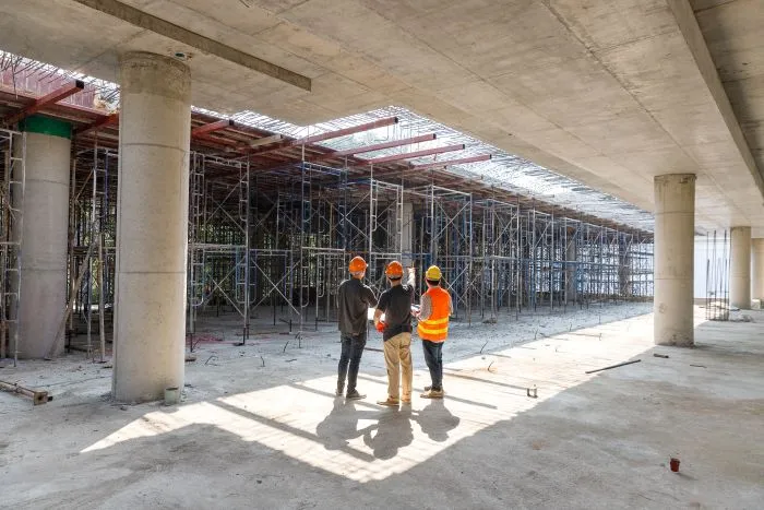 General contractor reviewing job site plans with coffee in hand
