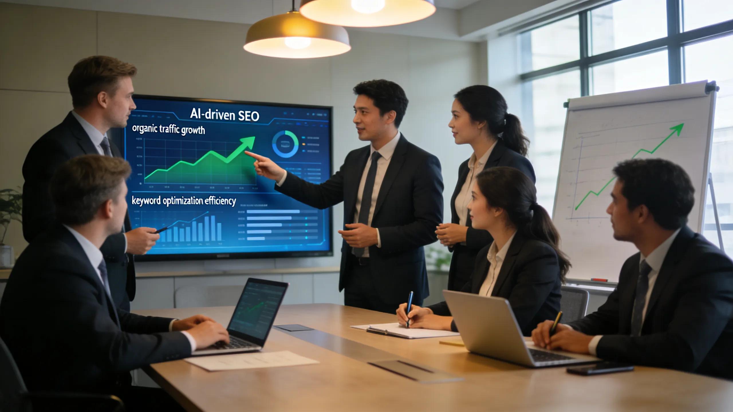 Business professionals discussing AI-driven SEO benefits in a collaborative environment