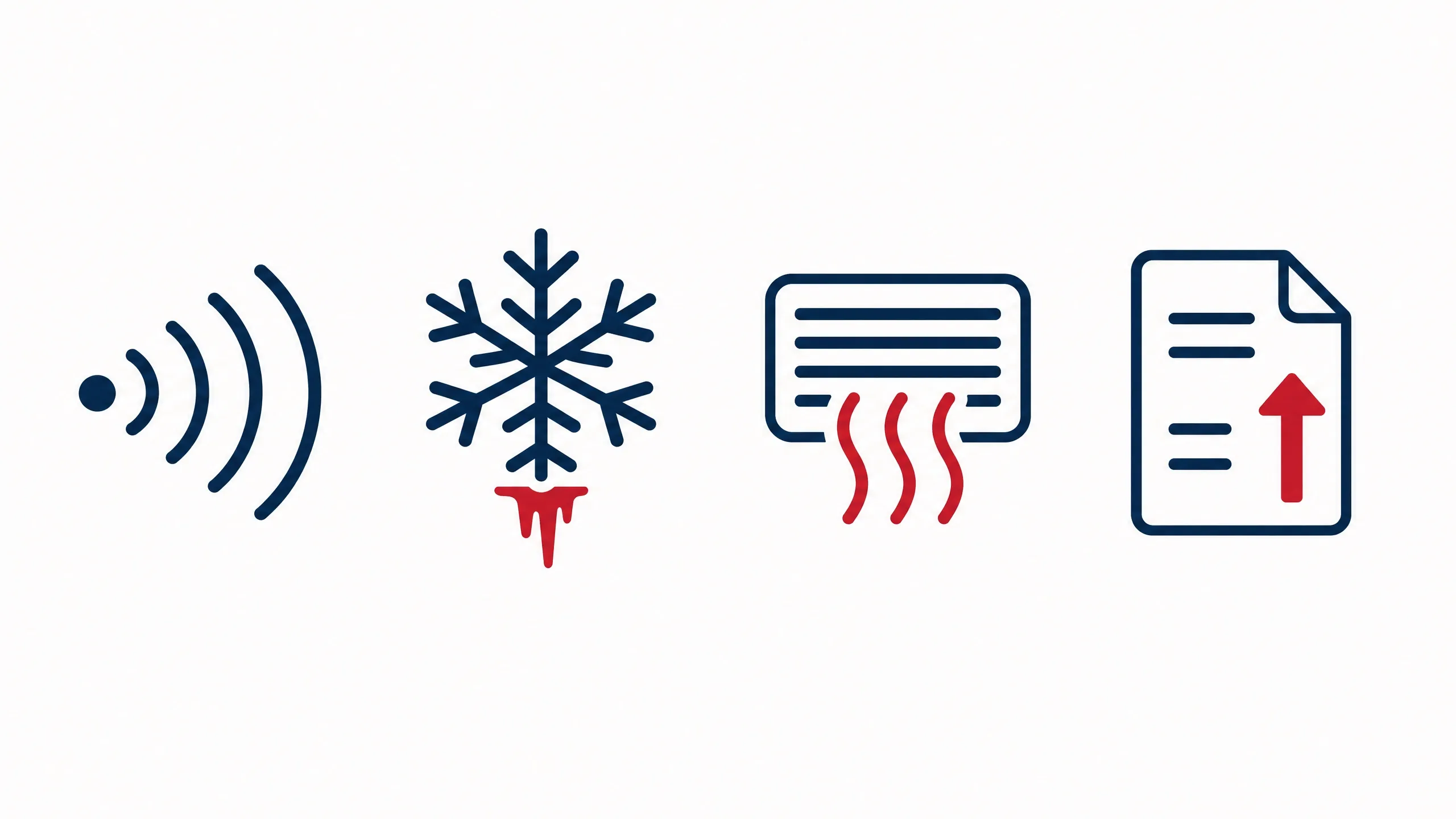 Icons for signs an AC needs repair: strange noises, ice on the coil, warm air and rising bills