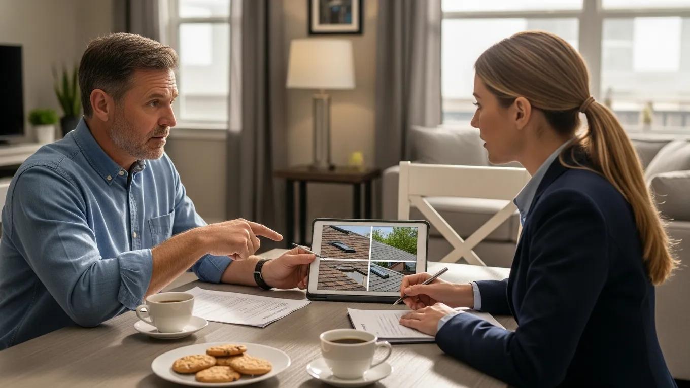 Homeowner consulting with an insurance agent about roof damage claims