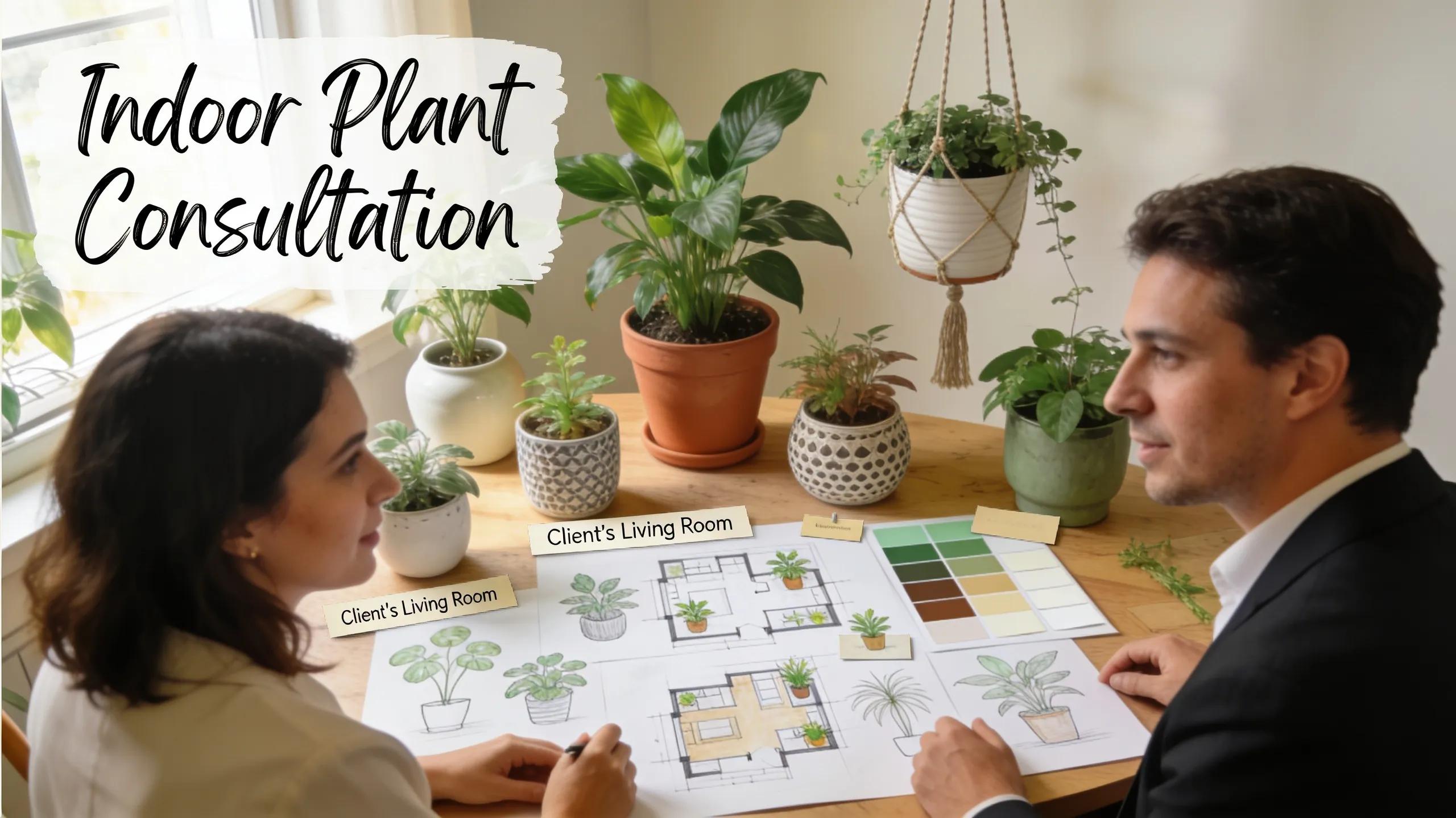 A designer consulting with a homeowner about custom indoor plant arrangements and design options